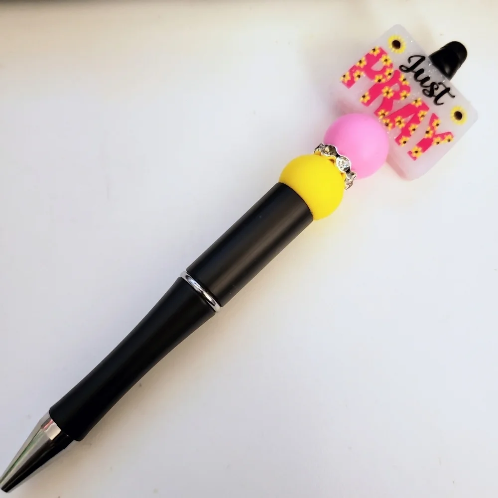 Handmade Pink Yellow Just Pray Sunflower Beaded Silicone Focal Bead Pen